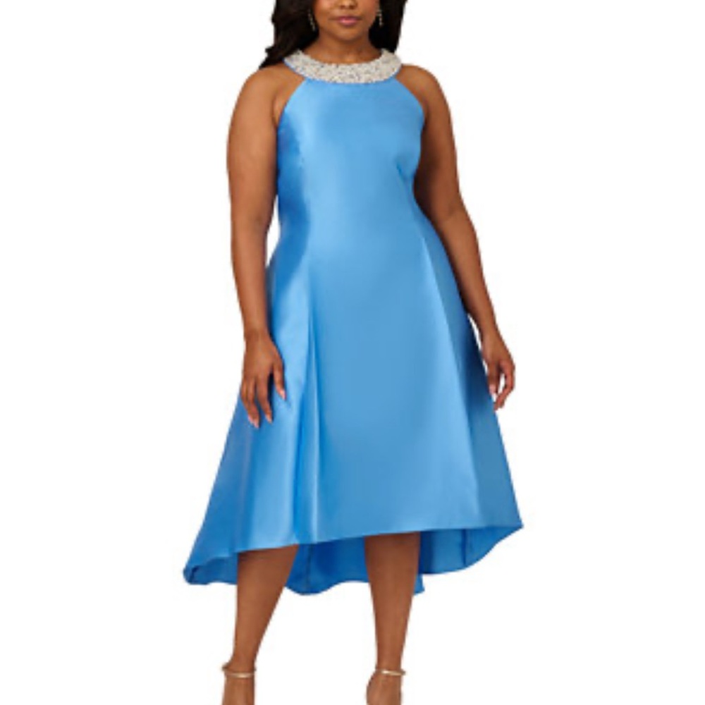 Beaded Neckline Blue High-Low Satin Dress
